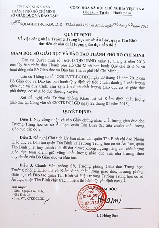 Quyết định công nhận đạt tiêu chuẩn chất lượng giáo dục năm học 2014-2015