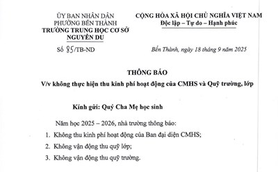 Thông báo không thực hiện thu kinh phí hoạt động của CMHS và quỹ trường, lớp