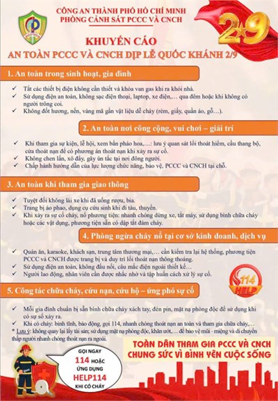 Công an Thành phố Hồ Chí Minh, phòng cảnh sát phòng cháy chữa cháy và cứu nạn cứu hộ khuyến cáo an toàn phòng cháy chữa cháy và cứu nạn cứu hộ dịp Lễ Quốc Khánh 2/9.