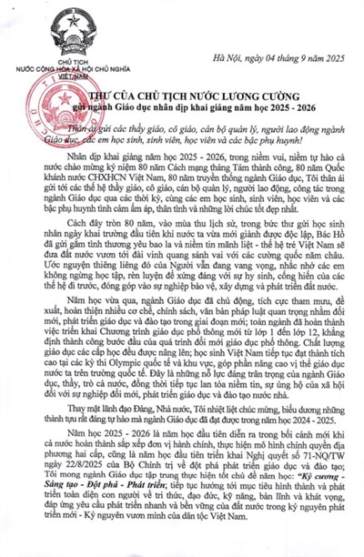 THƯ CỦA CHỦ TỊCH NƯỚC LƯƠNG CƯỜNG gửi ngành Giáo dục nhân dịp khai giảng năm học 2025 – 2026.